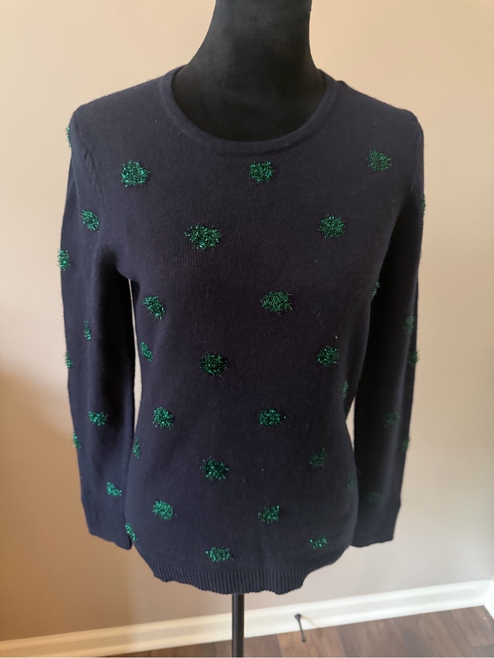 Talbots NEW Navy Sweater with Green Pom Dot Accents XSmall